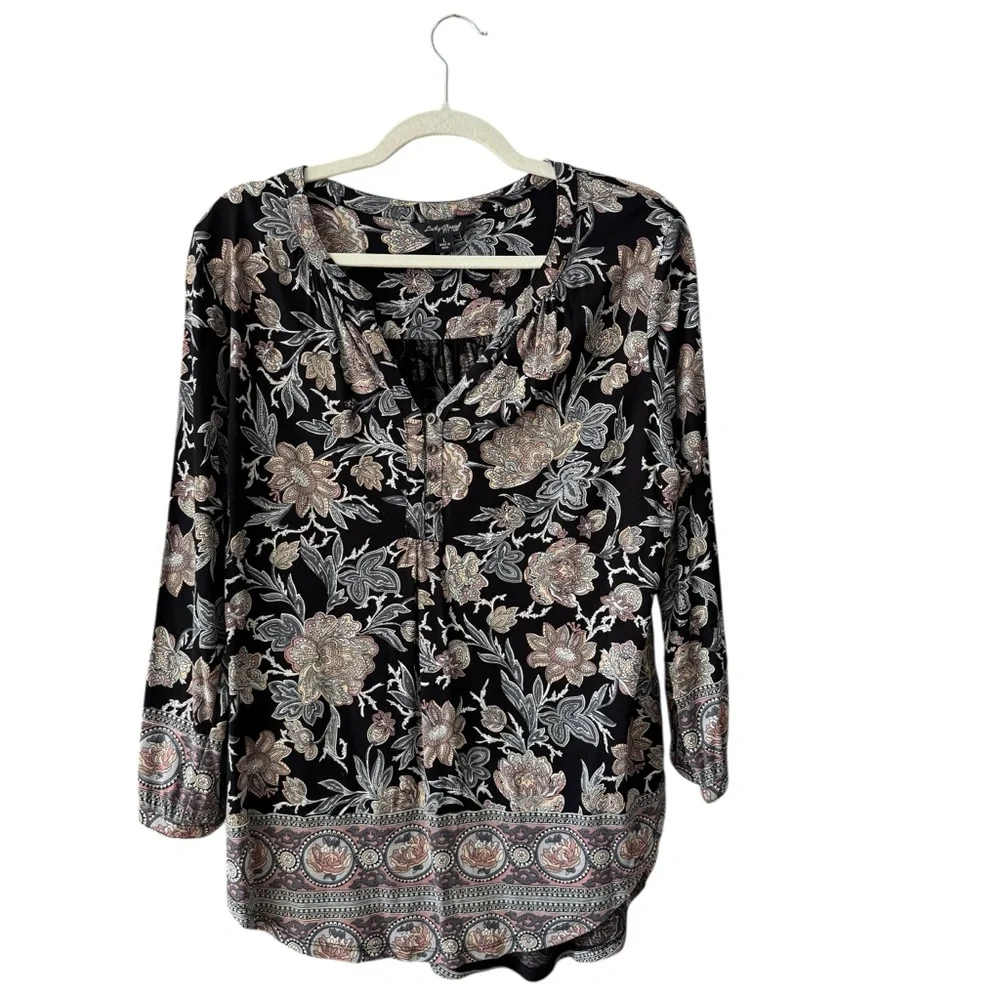 Bundle Lot of 2 Lucky Brand Boho Blouse Tops Size LG Blue‎ Black Floral Casual - Picture 2 of 11